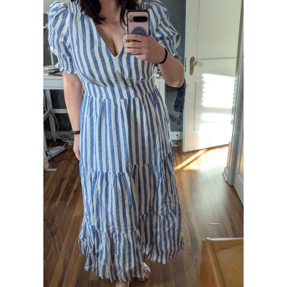 Boden Anna Linen Tiered Midi Dress Blue White Striped Smocked Puff Sleeve 12L - Picture 6 of 6